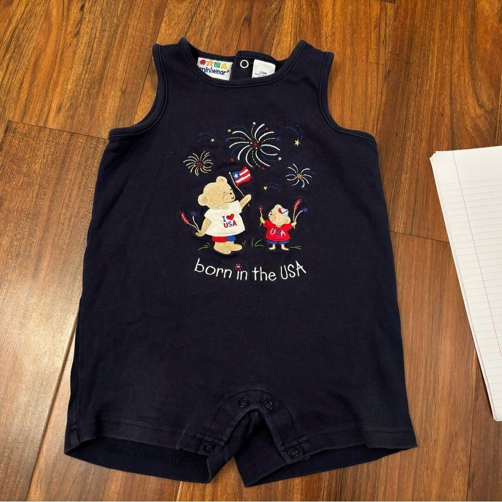 Miniwear vintage navy 4th of July Born in the USA embroidered sleeveless romper
